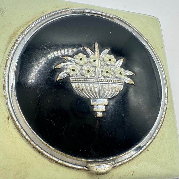 Evans antique Art Deco 1930s mint green black enamel rouge powder makeup compact - Picture 2 of 10